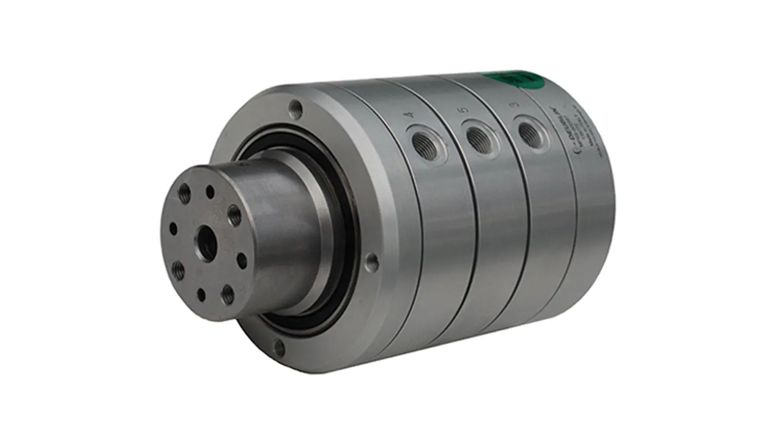 Silver flanged rotary union used on printing and packaging machinery