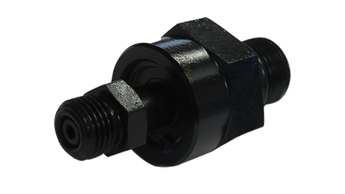 Black anodised rotary union with twin threaded ports for multi-industry duty