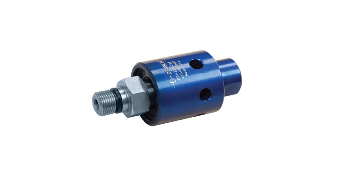 Blue anodised rotary union cross-compatible with Deublin coolant union mounting dimensions