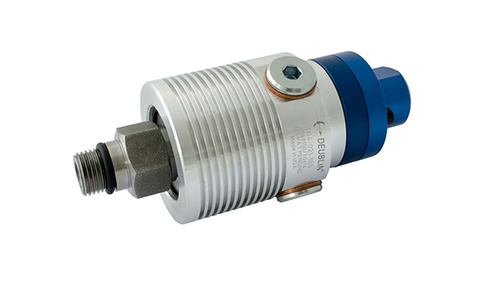 Finned high-speed rotary union body with blue anodised end cap