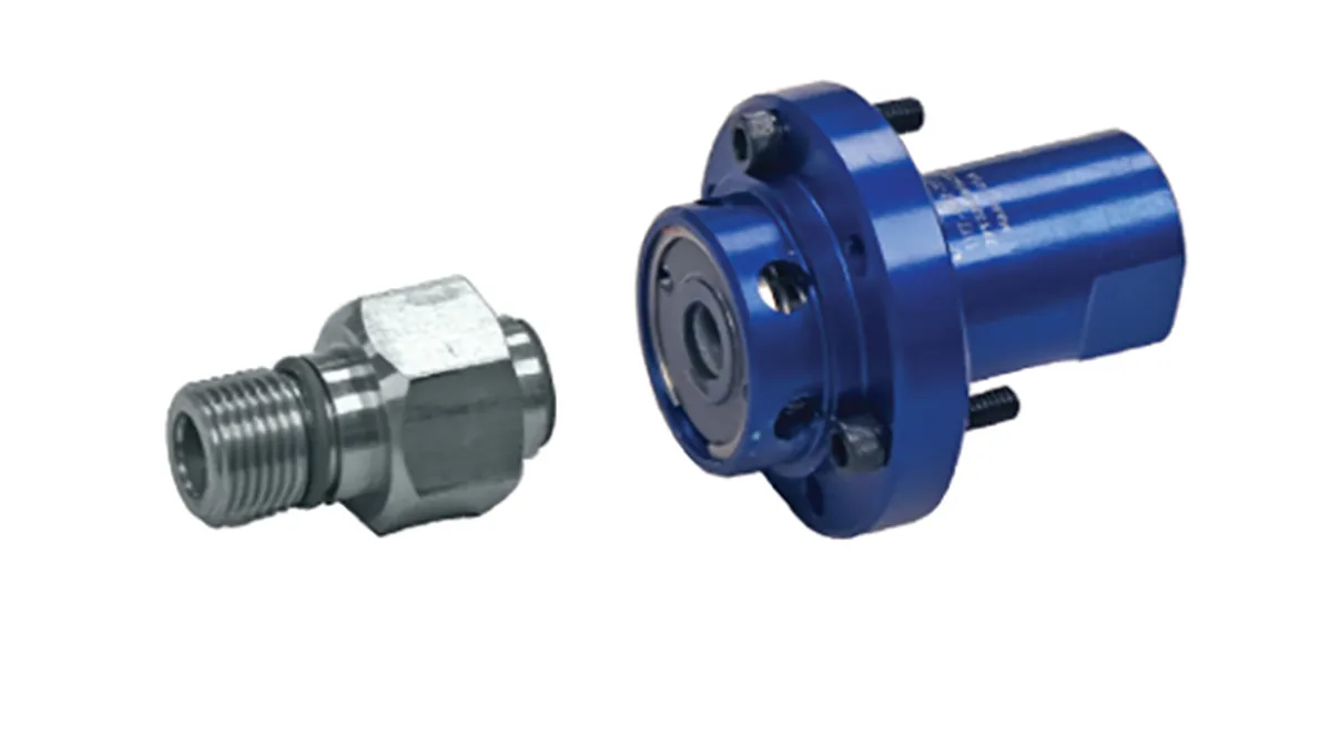 High-speed rotary union paired with its threaded rotor adapter on a white background