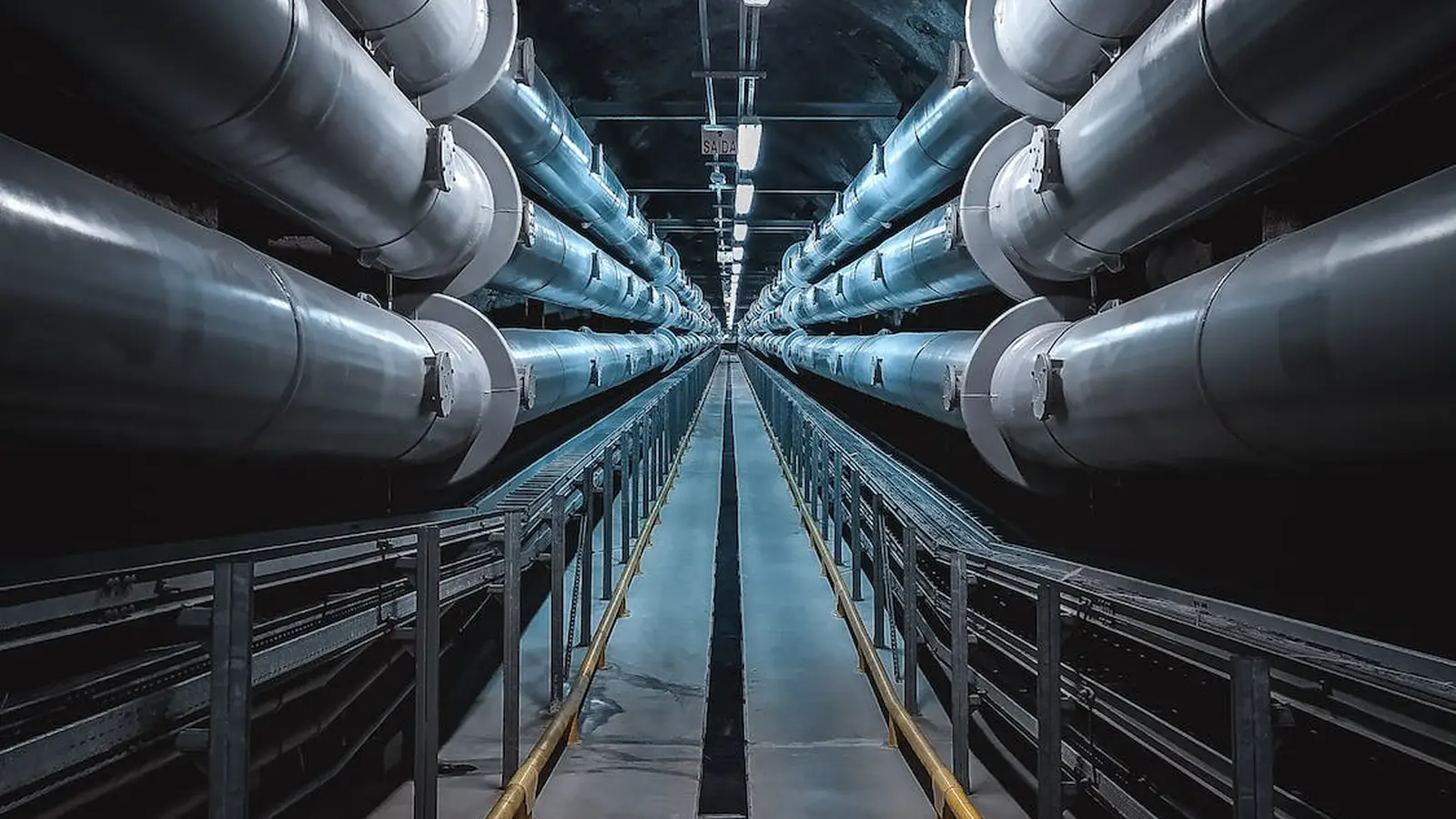 Industrial pipe gallery with rows of insulated headers converging to a control room
