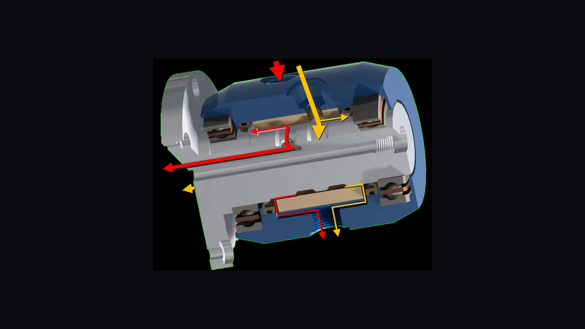 Sectioned rotary union render showing rotor, seals and fluid passages