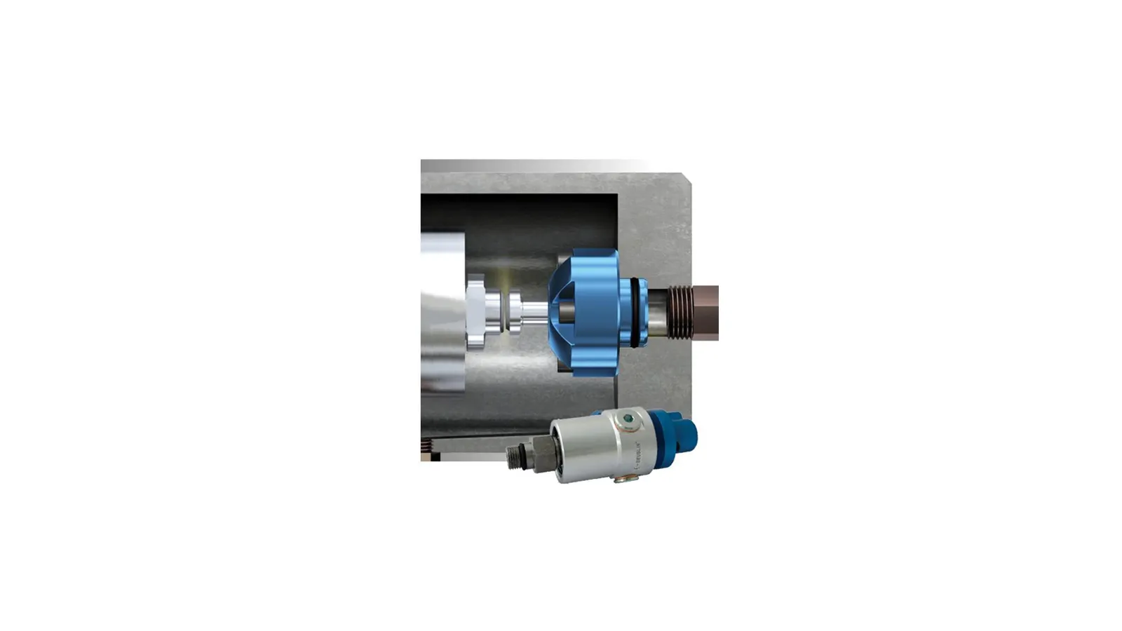 Cutaway of a single-passage rotary union assembly mounted in a steel block