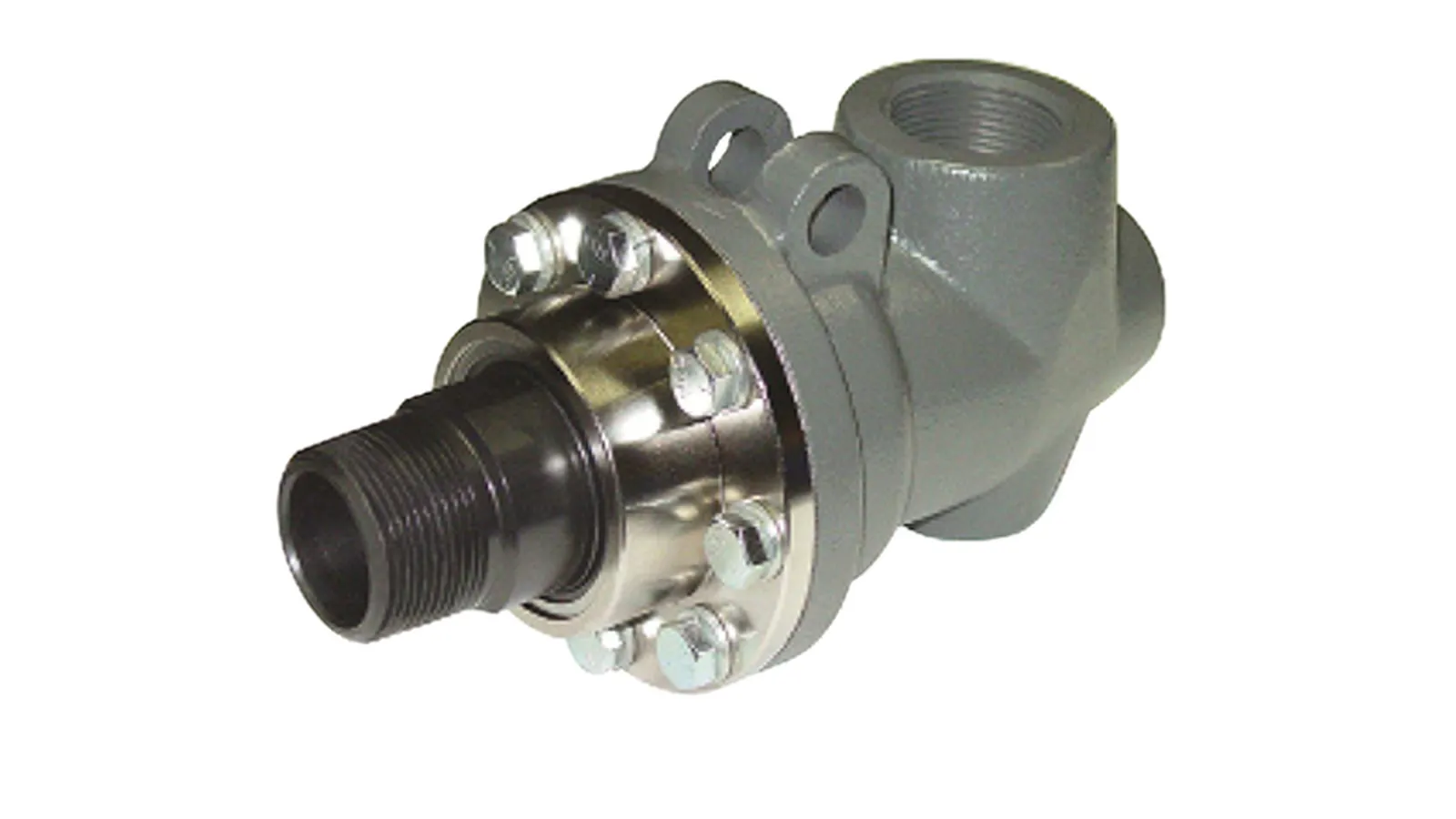 Grey cast steam rotary union with bolted mounting flange and threaded ports on a white background
