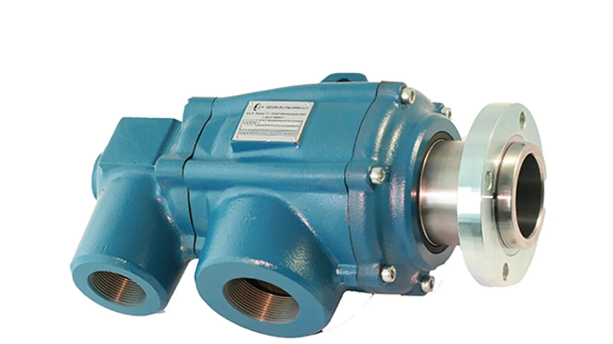 Blue steam rotary union with twin angled ports and a silver mounting flange